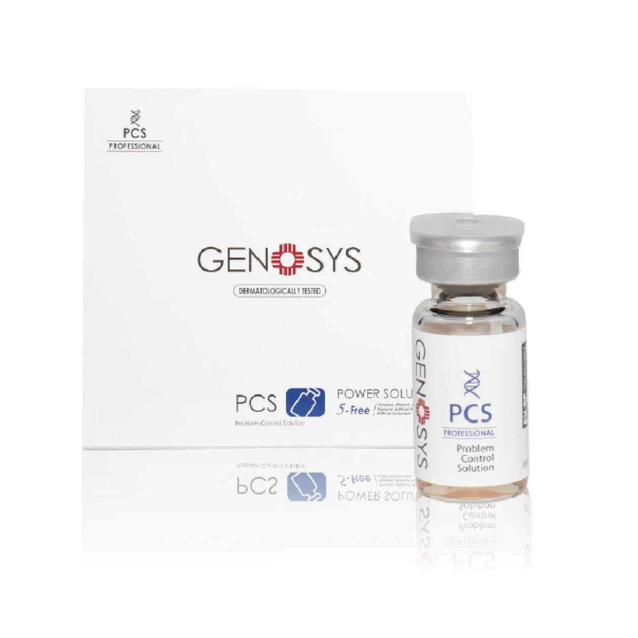 A medical vial labeled GENOSYS Problem Control Solution next to its packaging box. The box and vial are white with black and blue text, and the vial has a clear liquid inside.