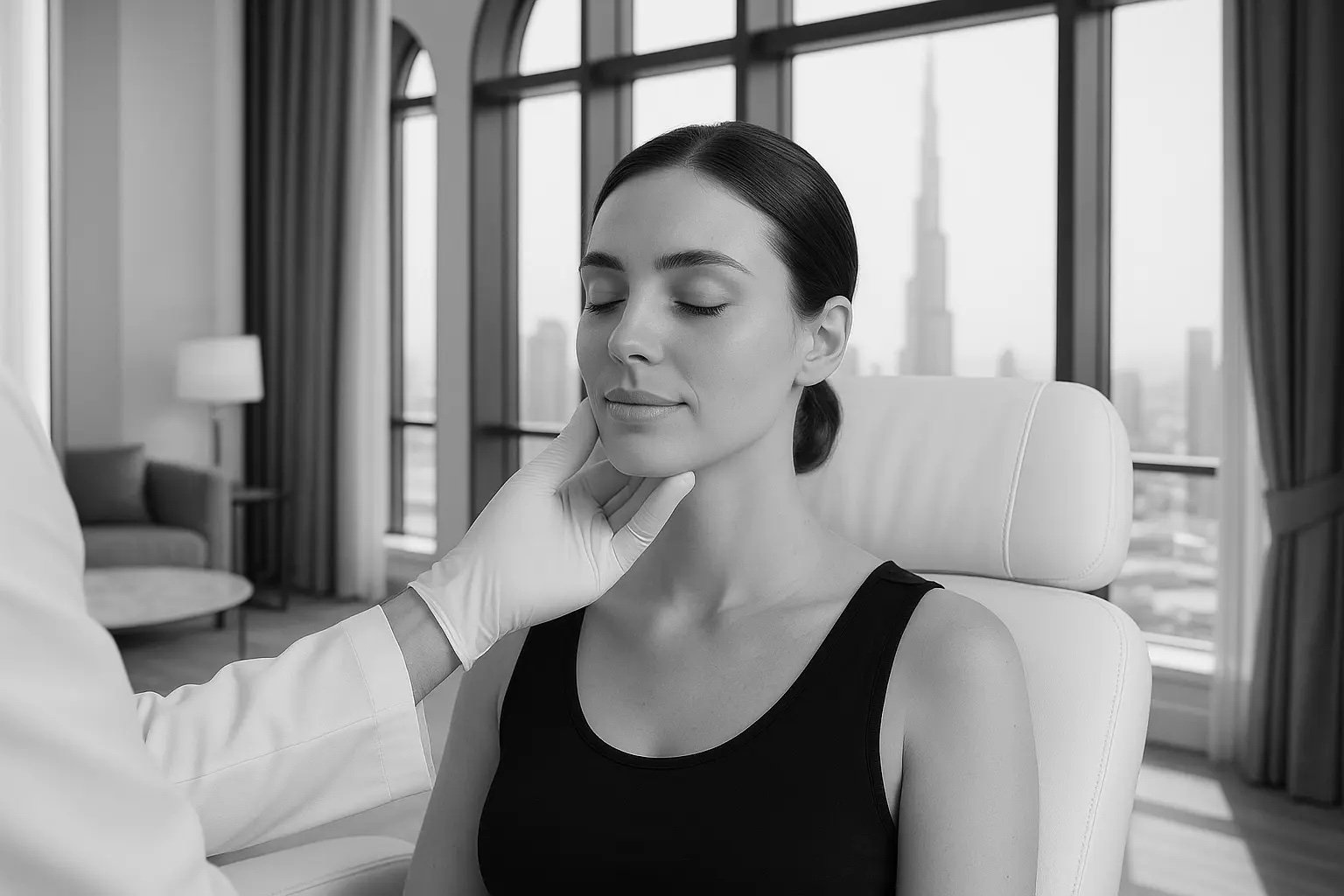 A woman with dark hair in a black sleeveless top sitting in a chair with her eyes closed as a healthcare professional, wearing gloves, gently touches her chin in a modern room with large windows and city view.