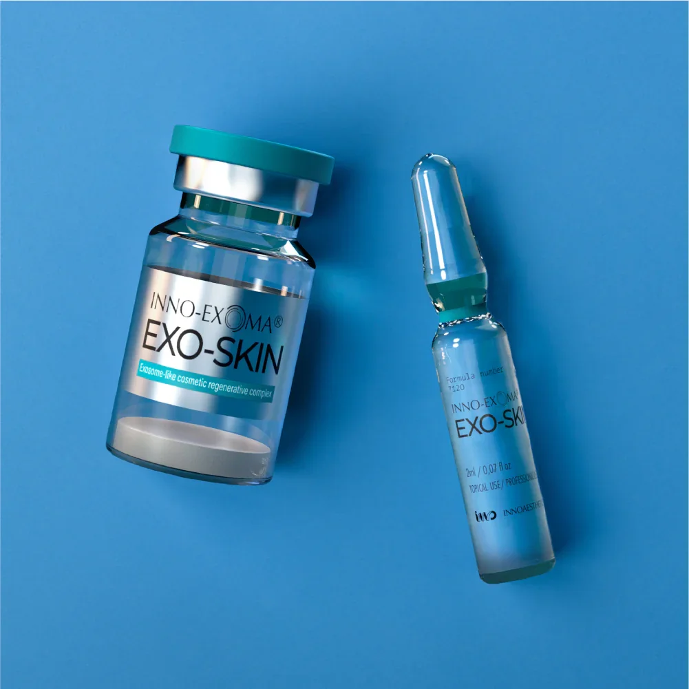 A glass bottle with a teal lid and a smaller dropper bottle, both labeled 'EXO-SKIN' from INNO-EXOMA, set against a blue background.