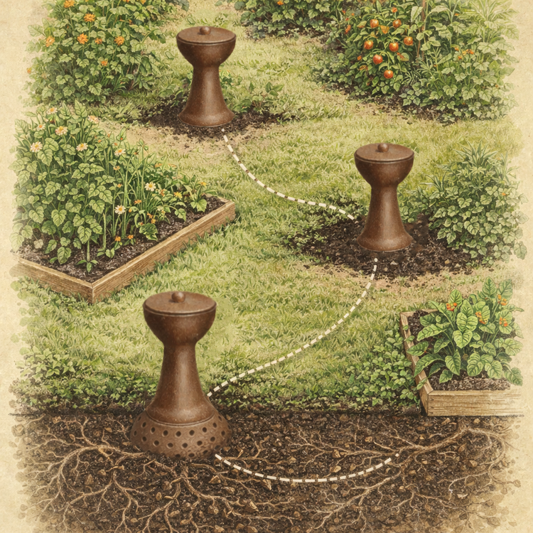 Three Soil Makers planted across a yard with underground worm networks connecting between them