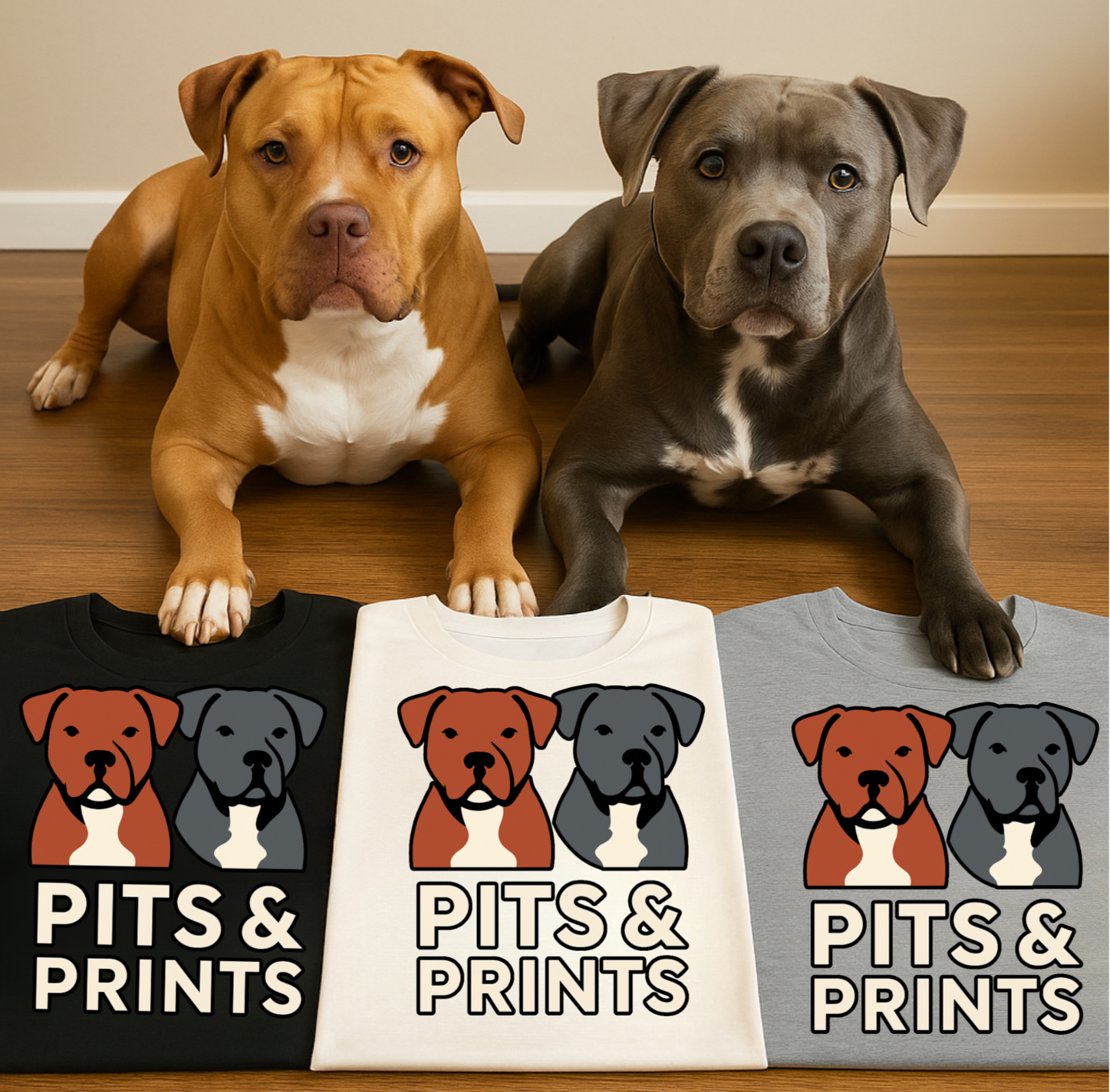 Two dogs, one brown and one gray, lying on a wooden floor in front of a white wall, with three t-shirts with dog graphic designs and the text 'PITS & PRINTS' in front of them.