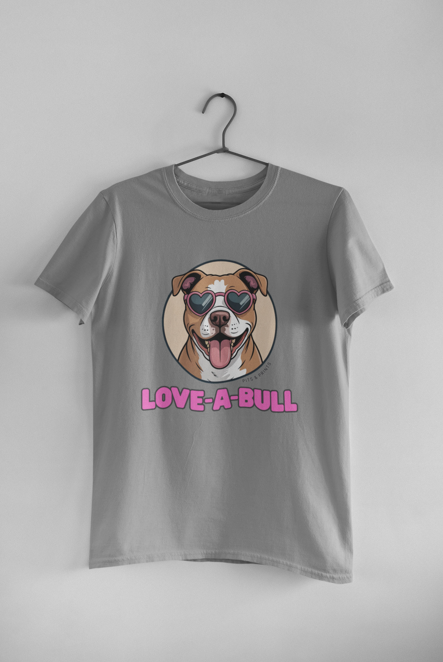 Love-A-Bull t-shirt featuring pit bull advocacy design on soft unisex medoum grey cotton tee