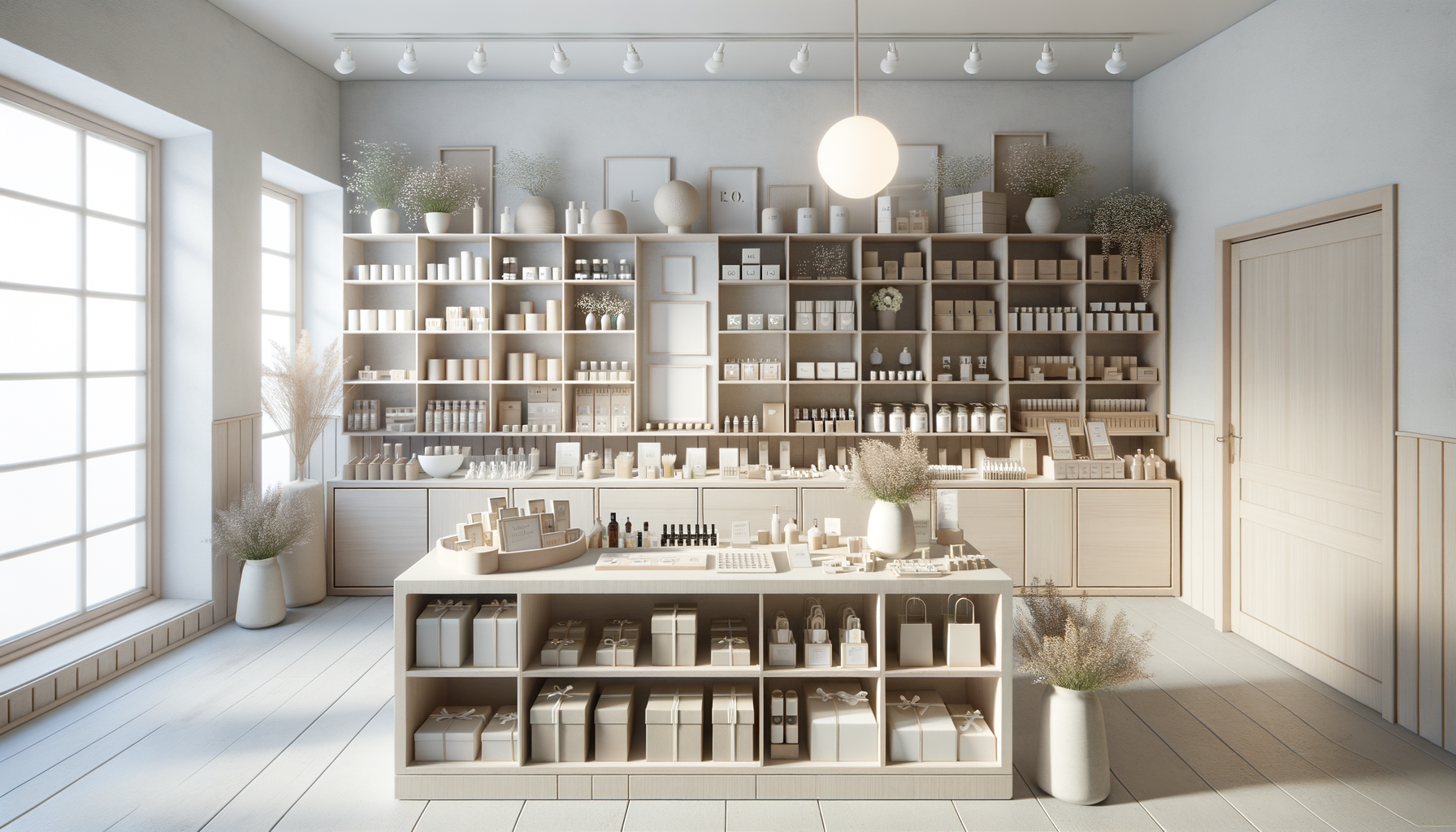 Minimalist retail store with shelves filled with white and beige products, surrounded by white walls, light wooden flooring, large windows, and decorative vases with dried flowers, illuminated by soft lighting and a round hanging lamp.