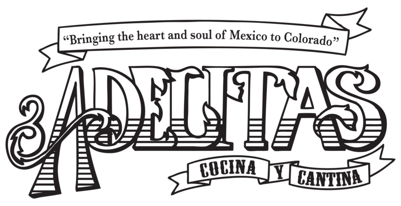 Logo for Aditas Cocina y Cantina with a black background, featuring stylized text and banners reading 'Bringing the heart and soul of Mexico to Colorado' and 'Cocina y Cantina'.
