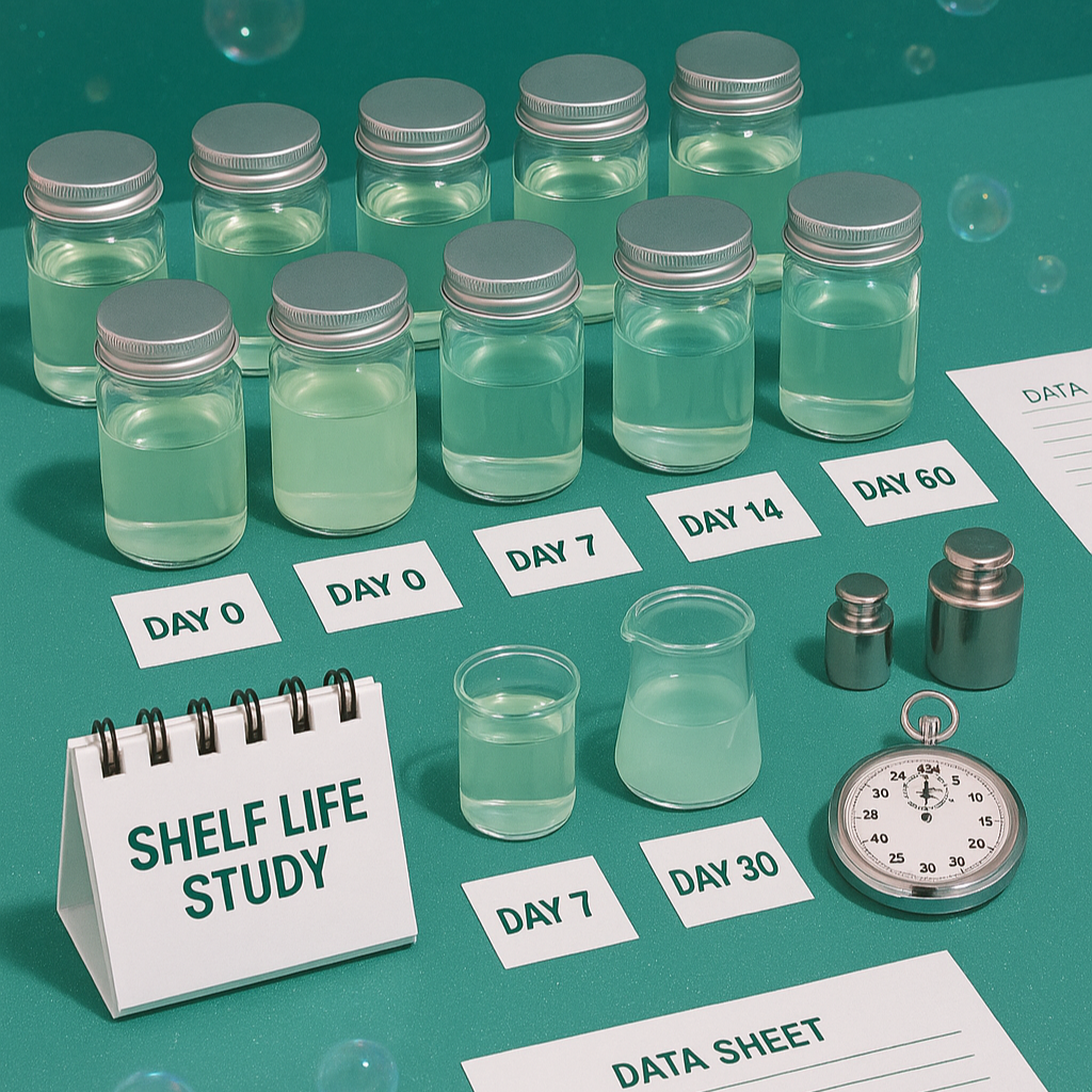 A shelf life study showing jars with liquids at days 0, 7, 14, 30, and 60, along with a stopwatch, a small pitcher, labels, and a data sheet on a green surface.