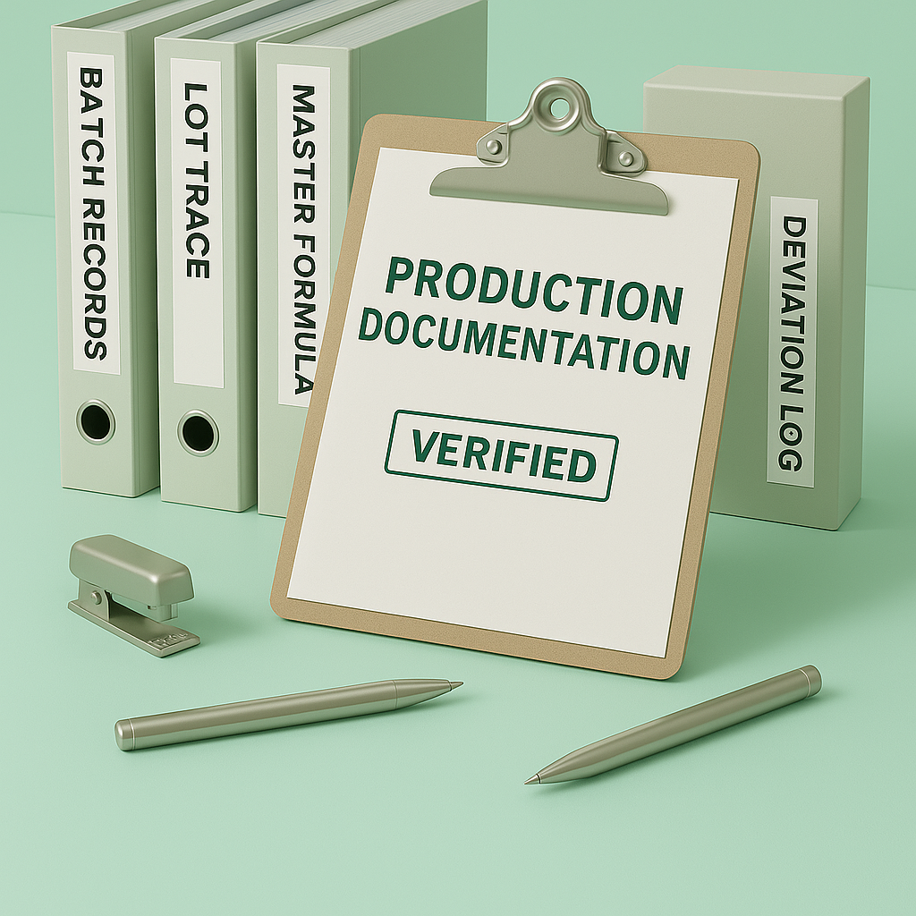 A clipboard with a sheet reading 'Production Documentation Verified' in front of five binders labeled 'Batch Records', 'Lot Trace', 'Master Formula', and 'Deviation Log', with a stapler, two pens, and a pen holder on a light green background.