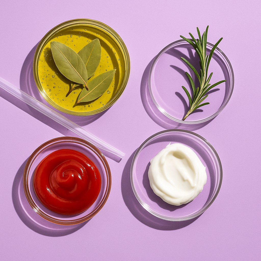 Four small glass bowls containing different ingredients: bay leaves in olive oil, a sprig of rosemary, ketchup, and mayonnaise, arranged on a purple surface.
