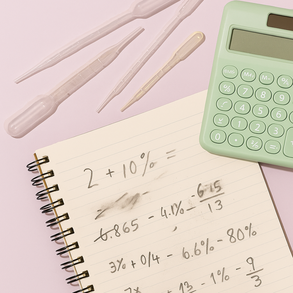 A pink surface with a green calculator, a notebook with handwritten math problems, and three digital thermometers.