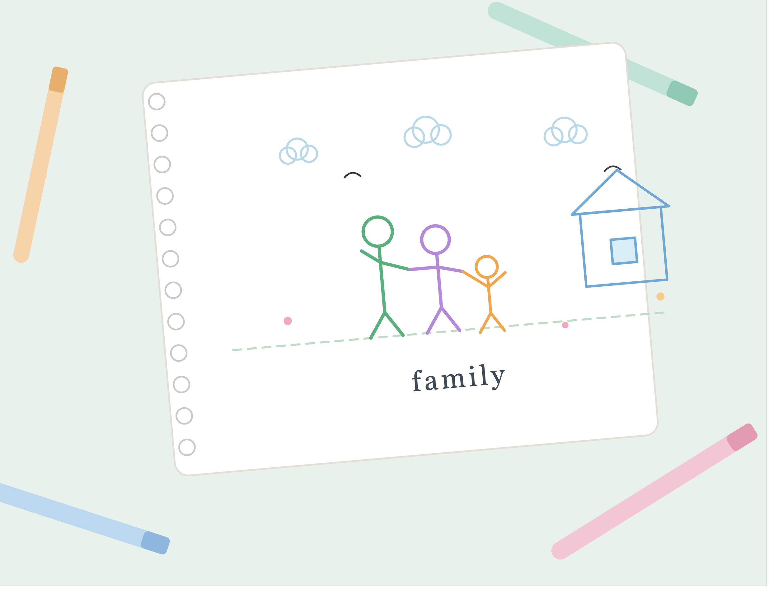 Digital drawing of three stick figures holding hands underneath a roof, with the word 'family' written below, on a lined sheet of paper alongside colored pens.
