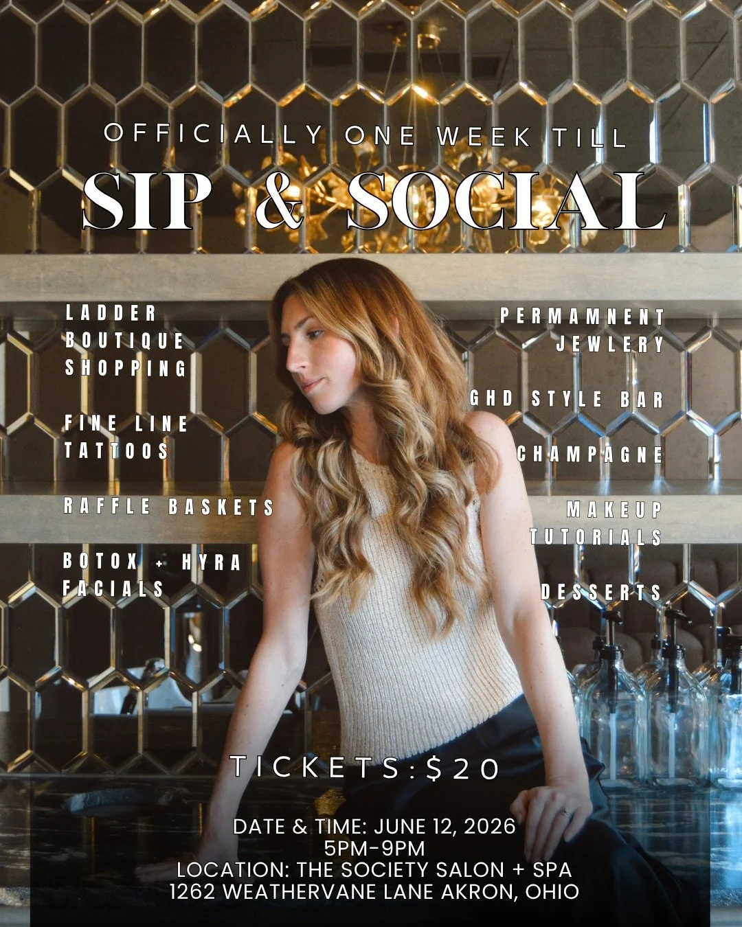 🥂 SIP &amp; SOCIAL 🥂

Join us for an evening of beauty, shopping, champagne, permanent jewelry, fine line tattoos, raffles, desserts, and so much more. ✨

Grab your besties and come celebrate with us at The Society Salon + Spa on June 12th from 5&n