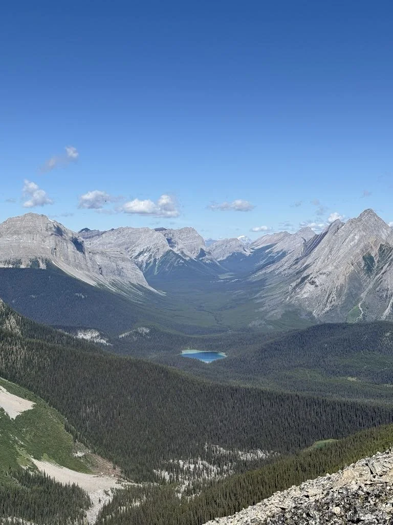 A mountain valley with rugged peaks, a small blue lake, and dense evergreen forests under a clear blue sky with a few clouds.