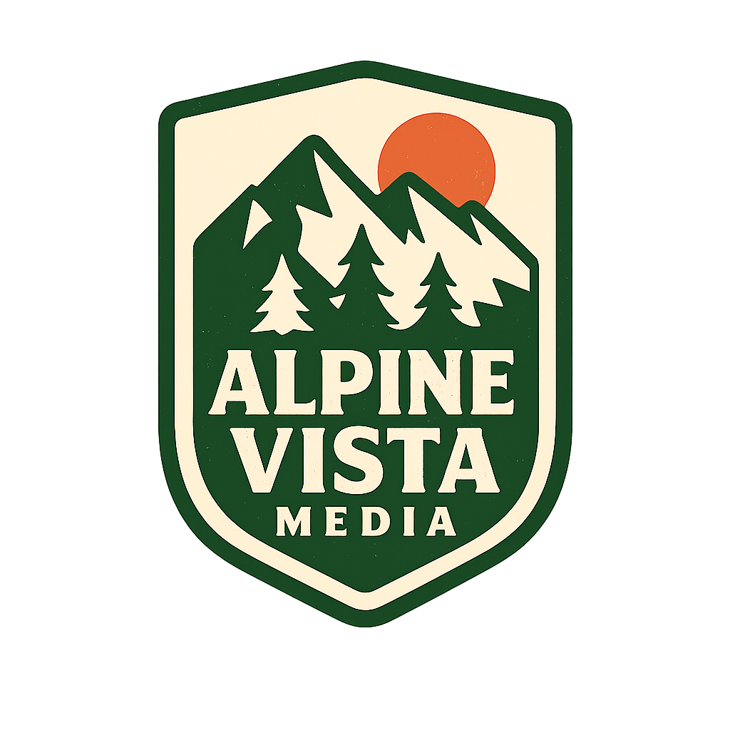A logo for Alpine Vista Media featuring mountains, trees, a red sun, and the text 'Alpine Vista Media'