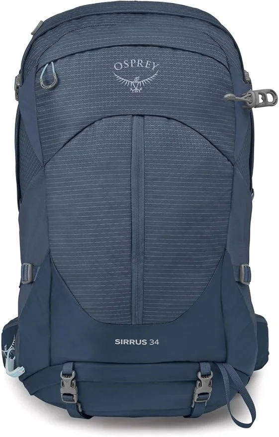 A blue Osprey Sirrus 34 hiking backpack with multiple compartments and adjustable straps.
