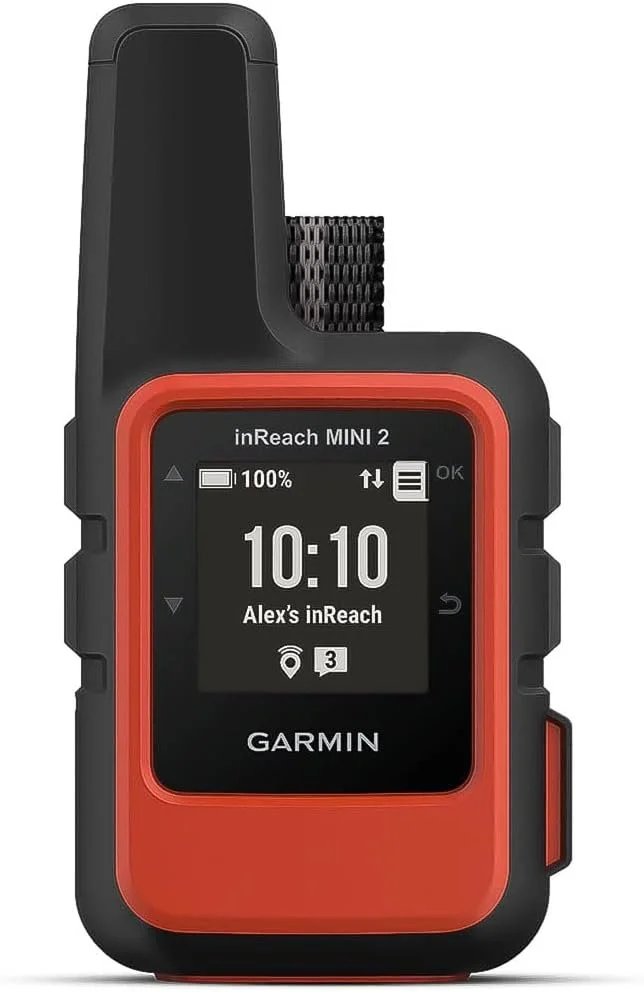 A Garmin inReach MINI 2 satellite communication device with a black and red design, digital display showing time 10:10, and indicator icons for battery level, signal strength, and messages.