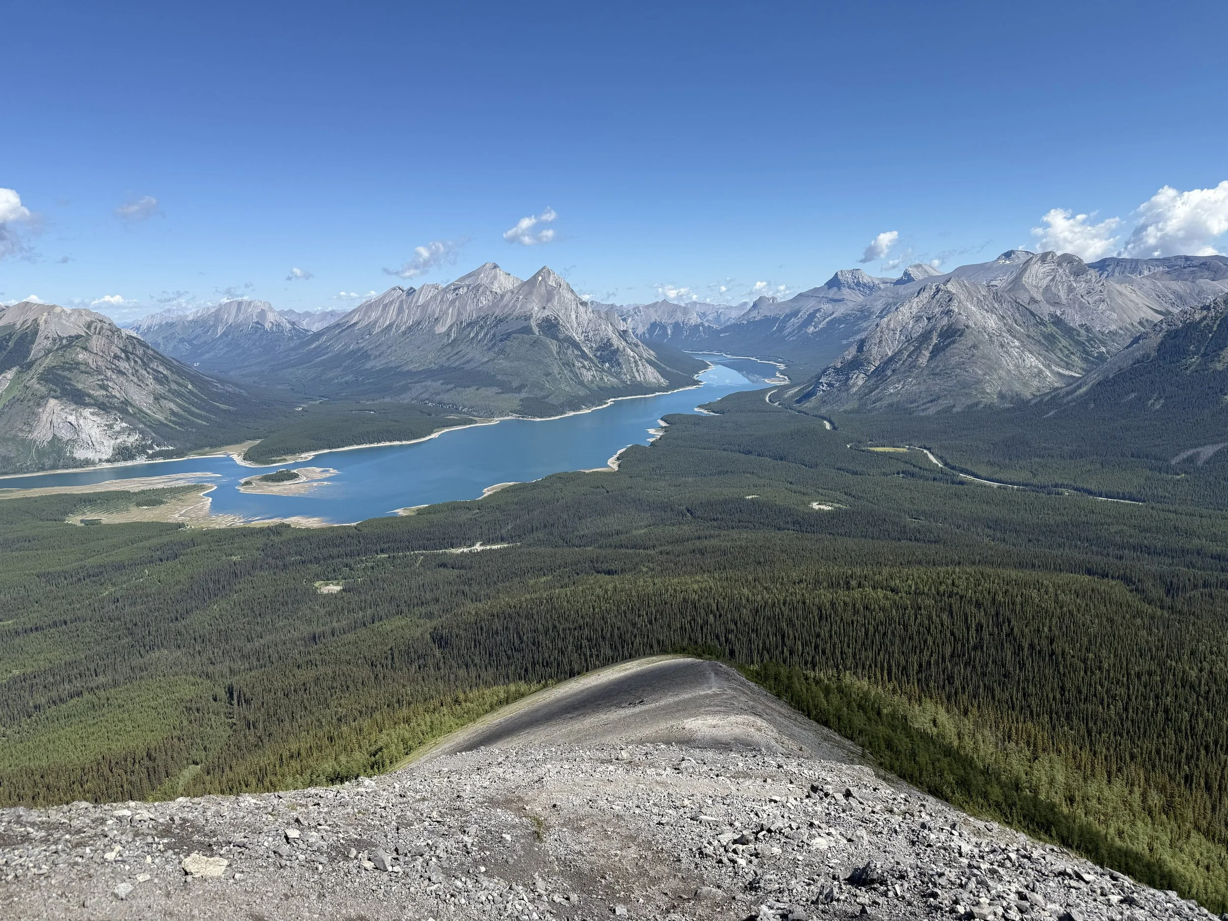 Aerial view of a mountain landscape with a large blue lake, surrounded by forested areas and high mountain peaks under a partly cloudy sky.