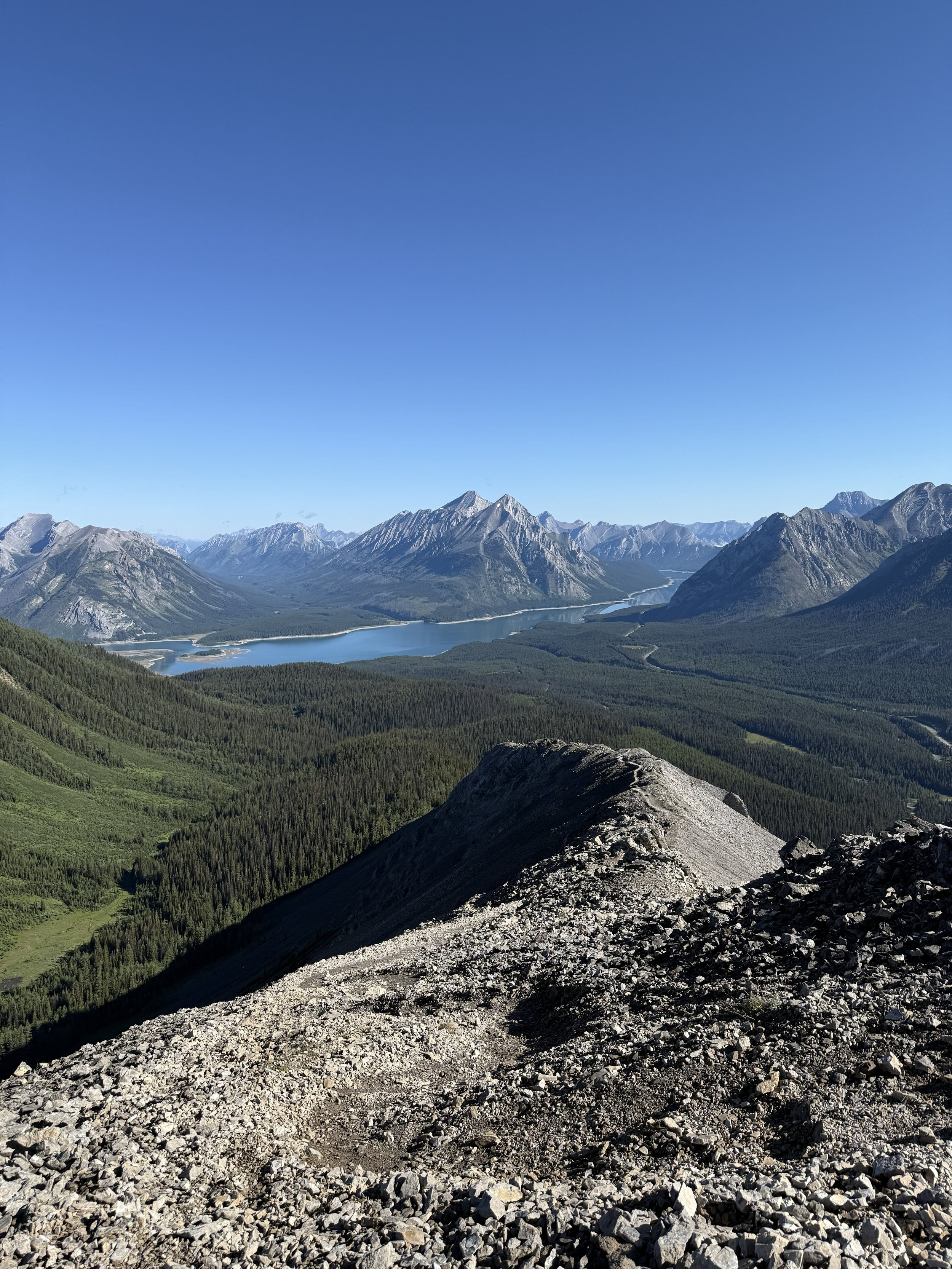 A panoramic view of a mountain landscape with rocky trails in the foreground, dense green forests, a lake, and multiple layers of mountain ranges under a clear blue sky.