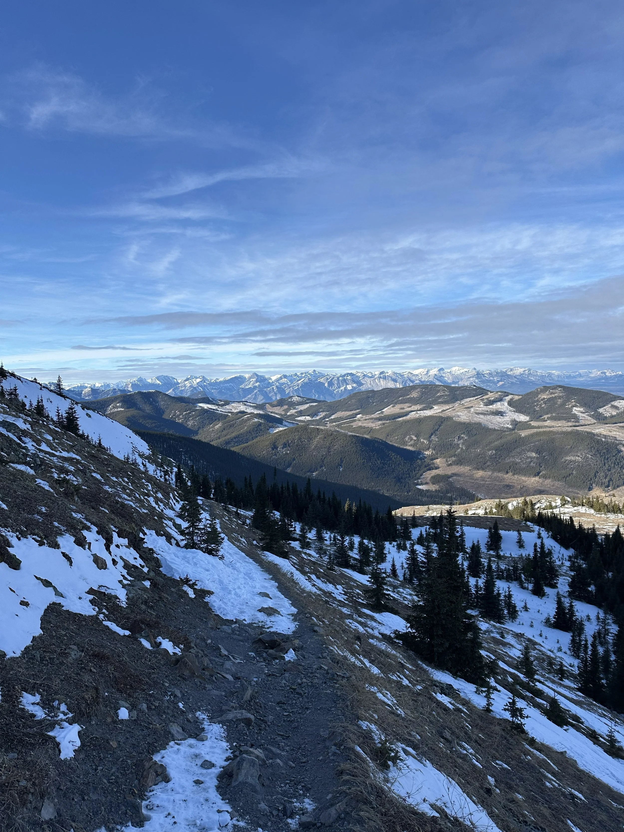 Snowy mountain trail with pine trees, distant mountain ranges, and a partly cloudy sky.