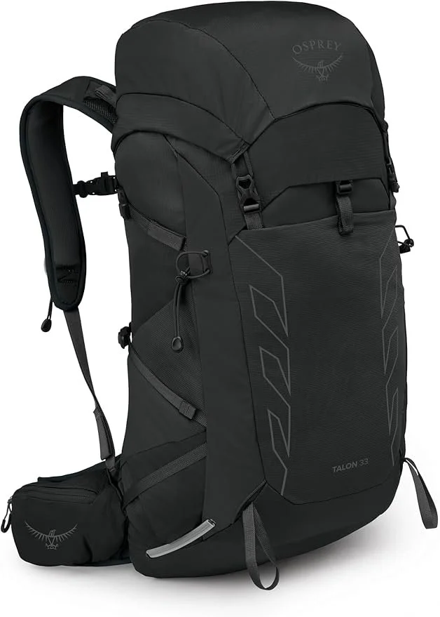 A black Osprey Talon 33 hiking backpack with multiple compartments, straps, and a small attached pouch at the bottom.
