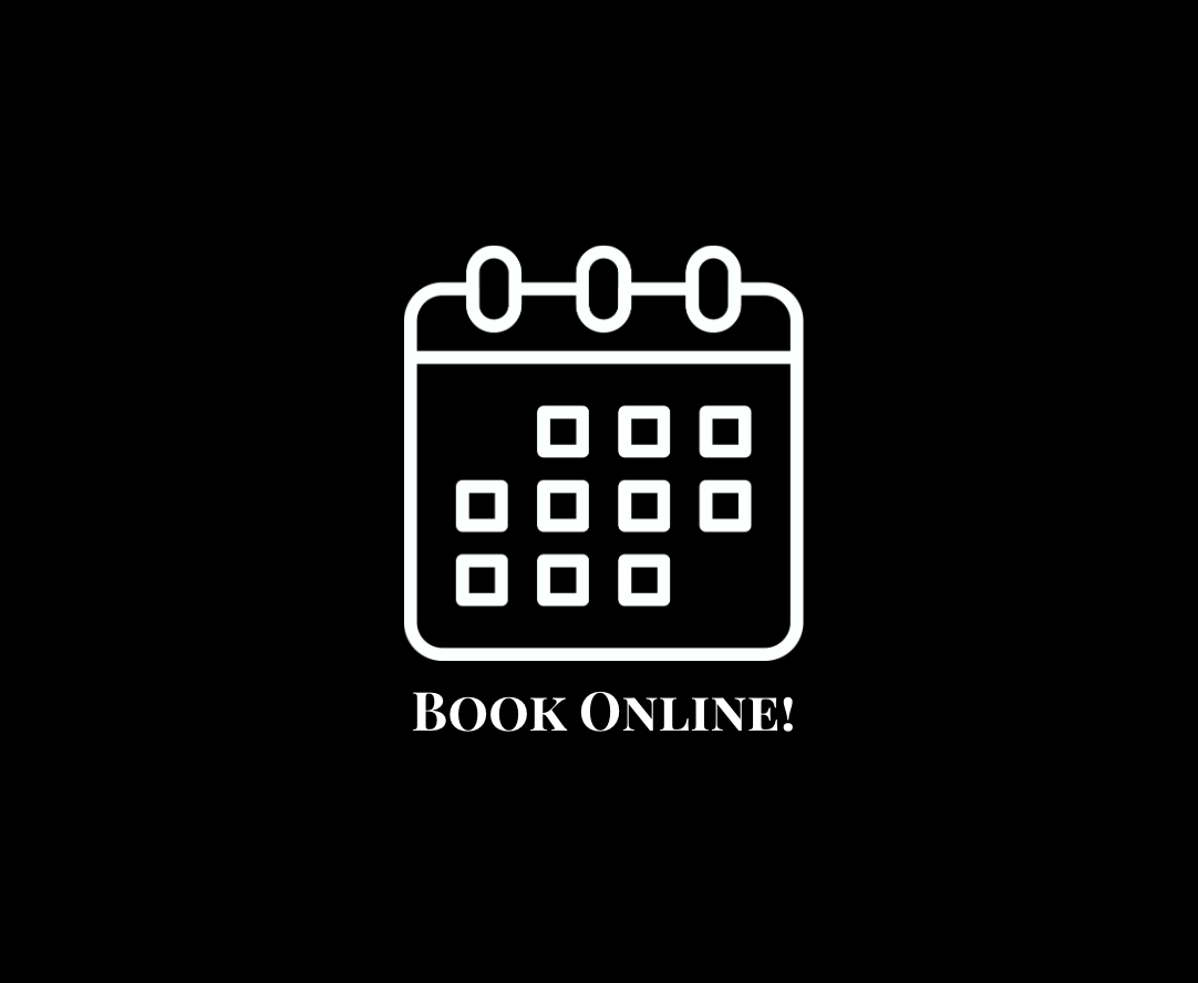 White calendar icon with the text 'Book Online!' on a black background.