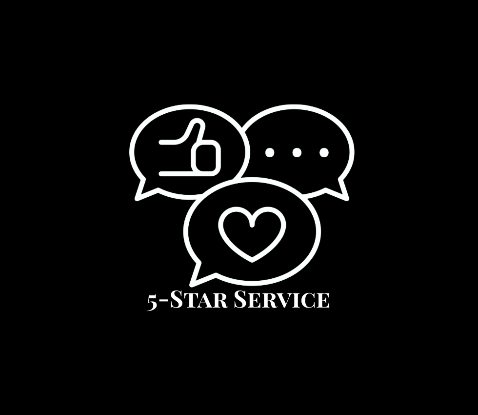 Logo with three speech bubbles containing a thumbs-up, a heart, and three dots, with text '5-STAR SERVICE' beneath.