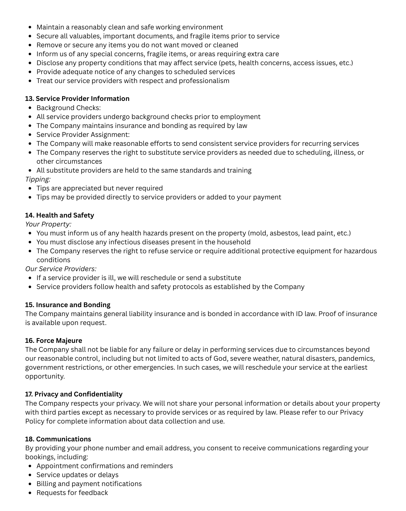 A screenshot of a document outlining company policies and procedures, including sections on service provider information, health and safety, insurance, reliability, privacy, and communication protocols.