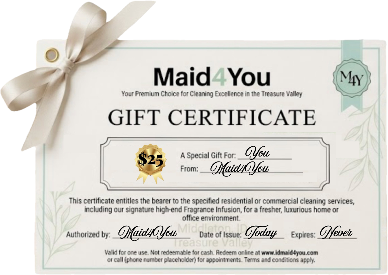 Gift certificate from Maid4You for cleaning services, valid for $25, with decorative ribbon in the top left corner, featuring a green and white design with leaves, issued today, never expiring.