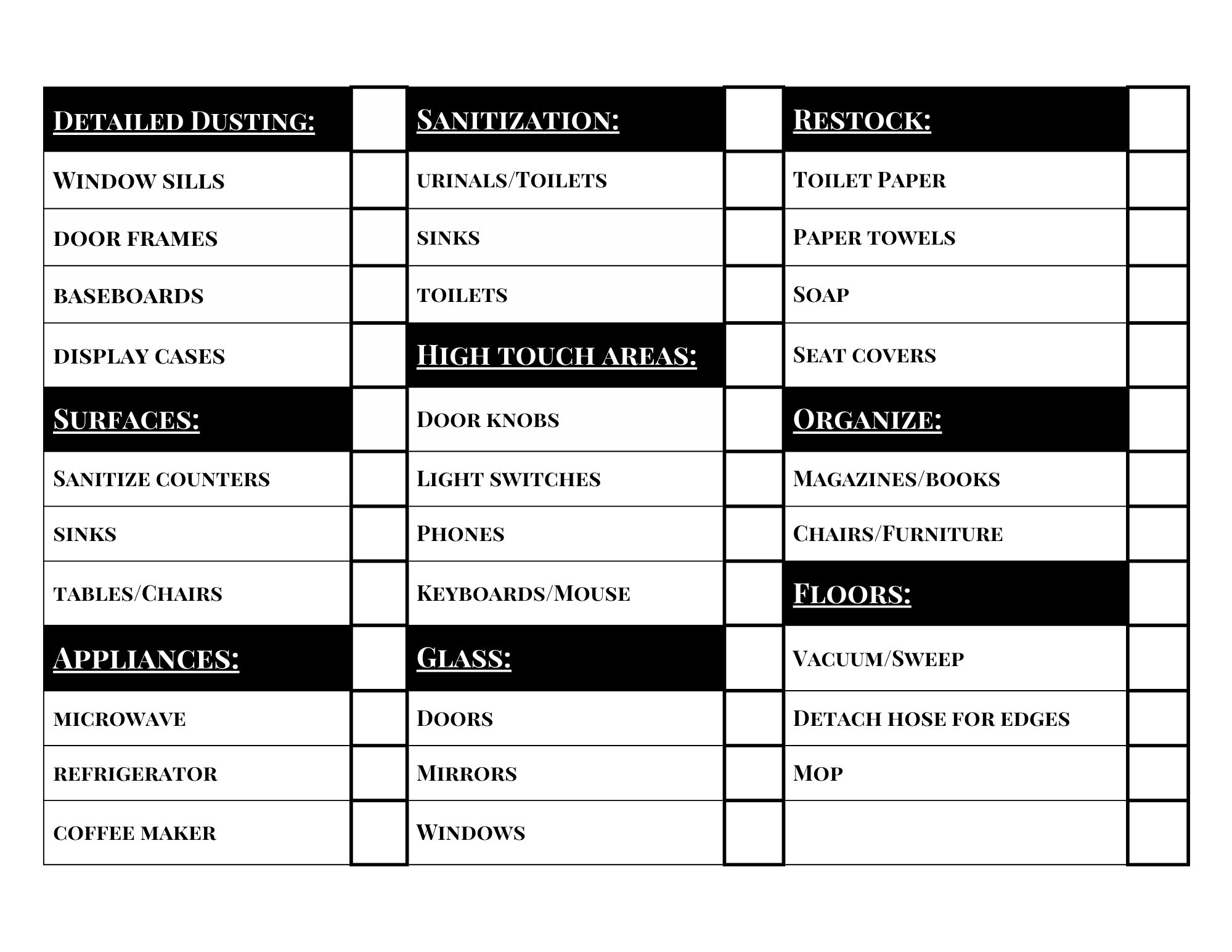 A detailed cleaning checklist organized into sections for dusting, sanitization, restocking, surface cleaning, and organizing, with specific tasks such as cleaning window sills, toilets, soap, paper towels, vacuuming, sweeping, and arranging magazines.