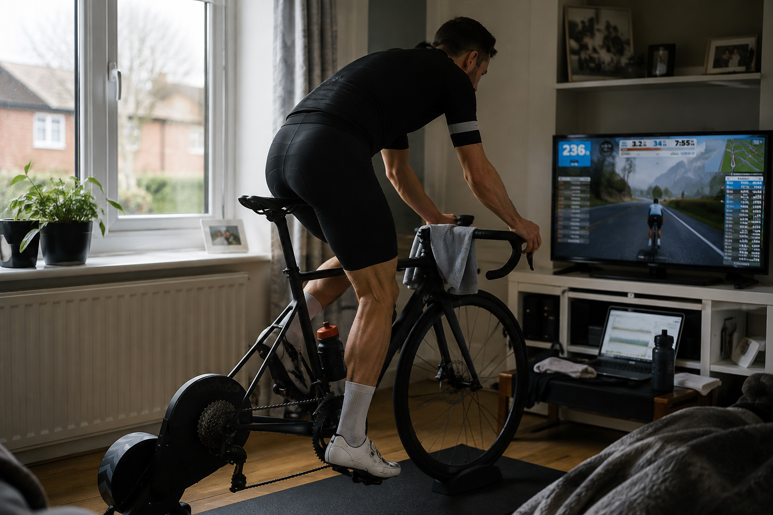 Cyclist completing a structured indoor training session on a smart trainer