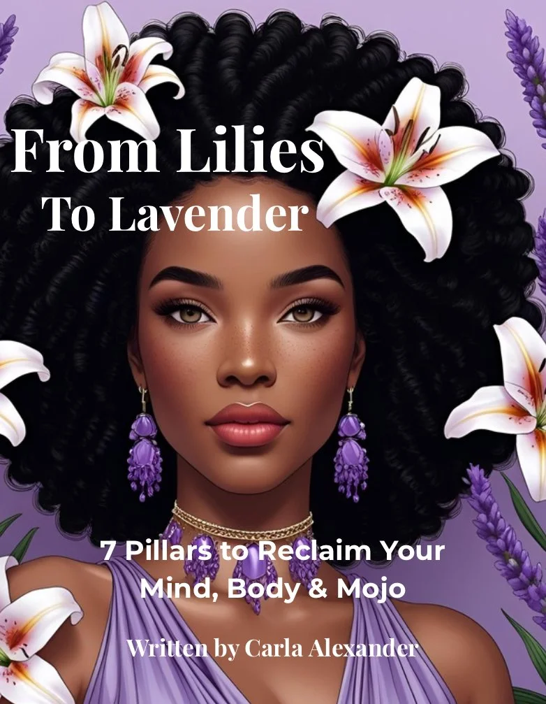Book cover featuring a woman with detailed makeup and large curly hair adorned with white lilies. She wears purple jewelry and a purple top, with a lavender background and lavender flowers surrounding her.