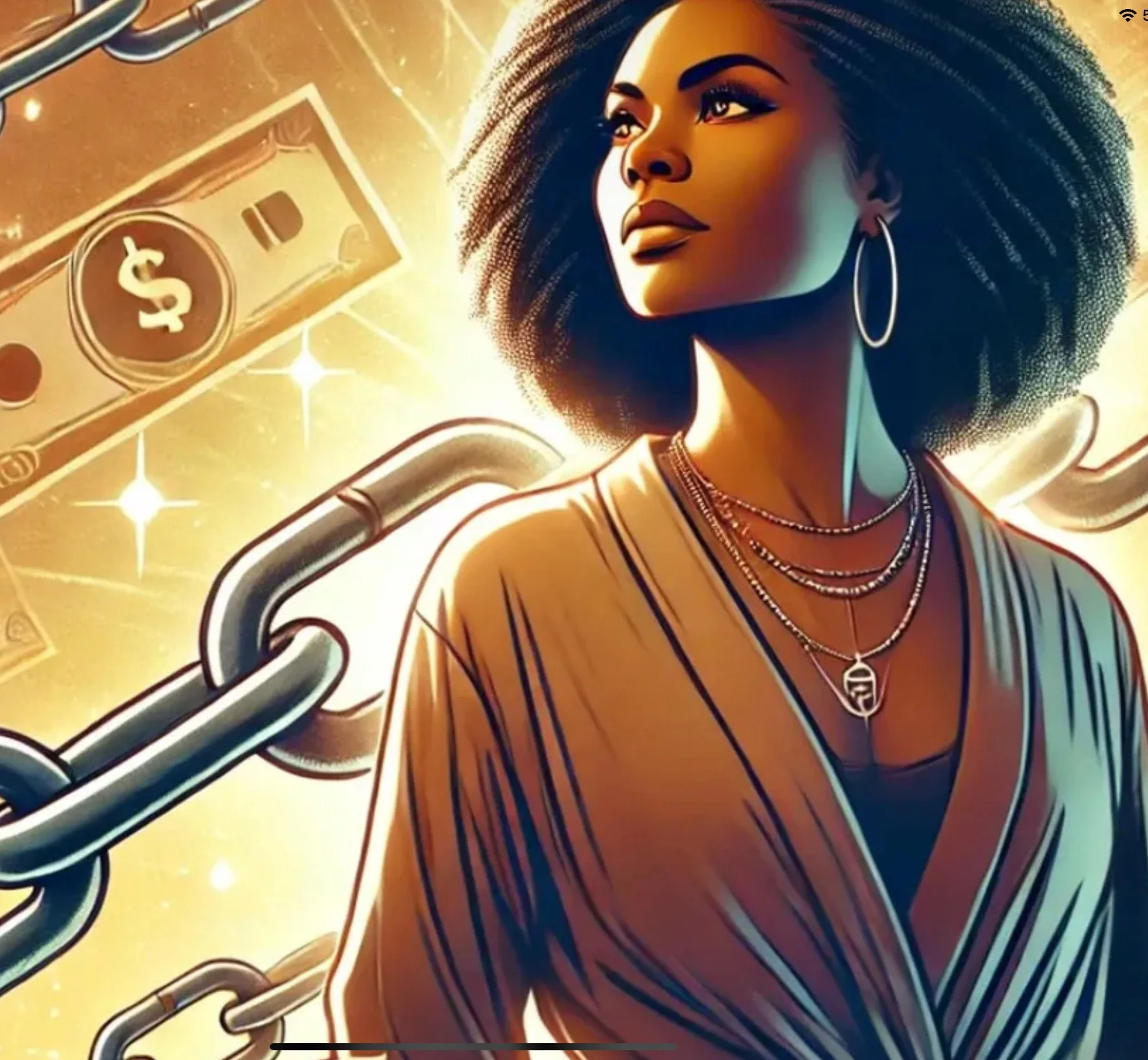 Digital illustration of a confident woman with curly hair, wearing jewelry and a beige top, with floating dollar bills and chain links in the background, symbolizing financial empowerment.