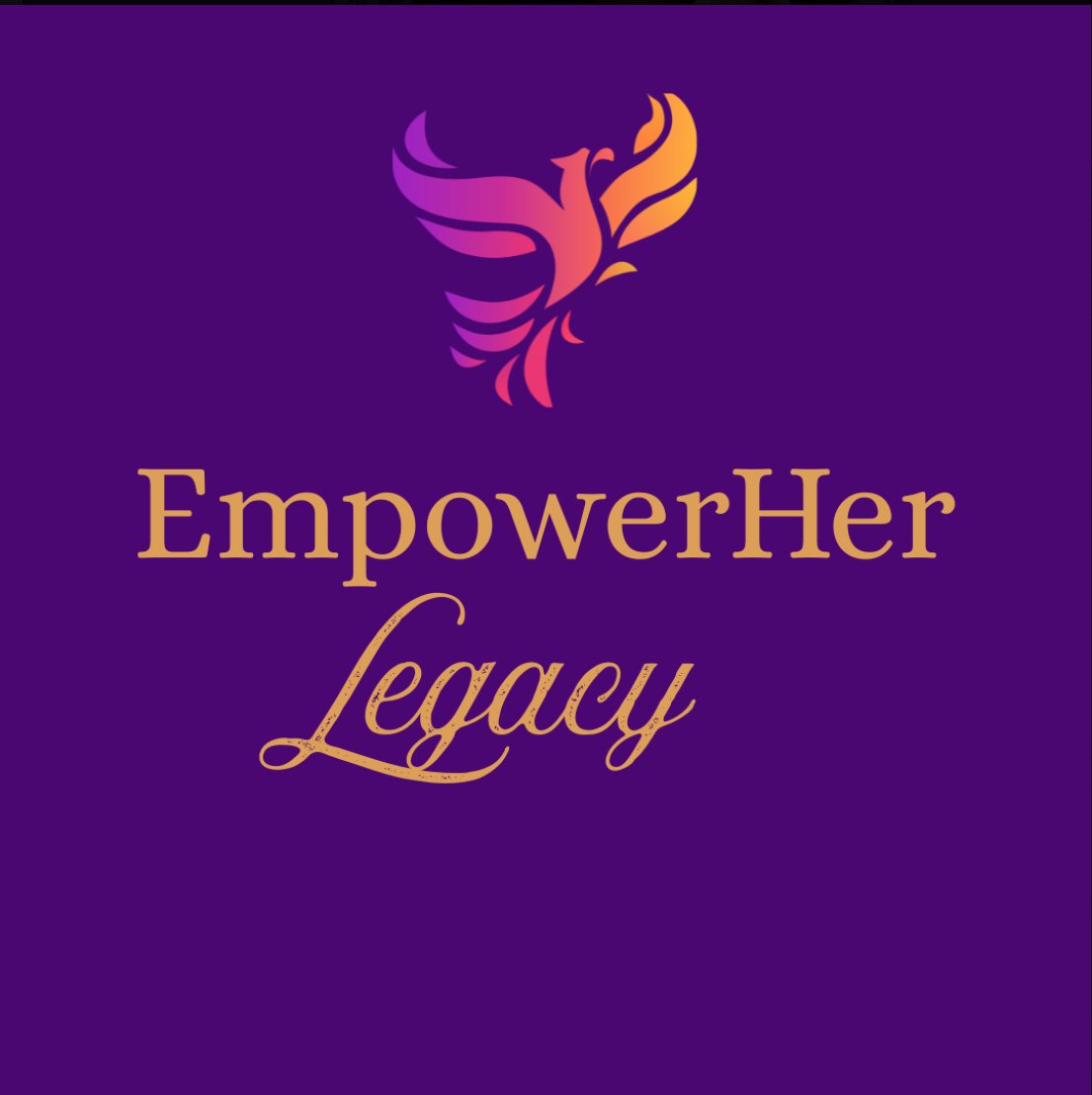 Logo with a stylized phoenix and the words "EmpowerHer Legacy" on a purple background.