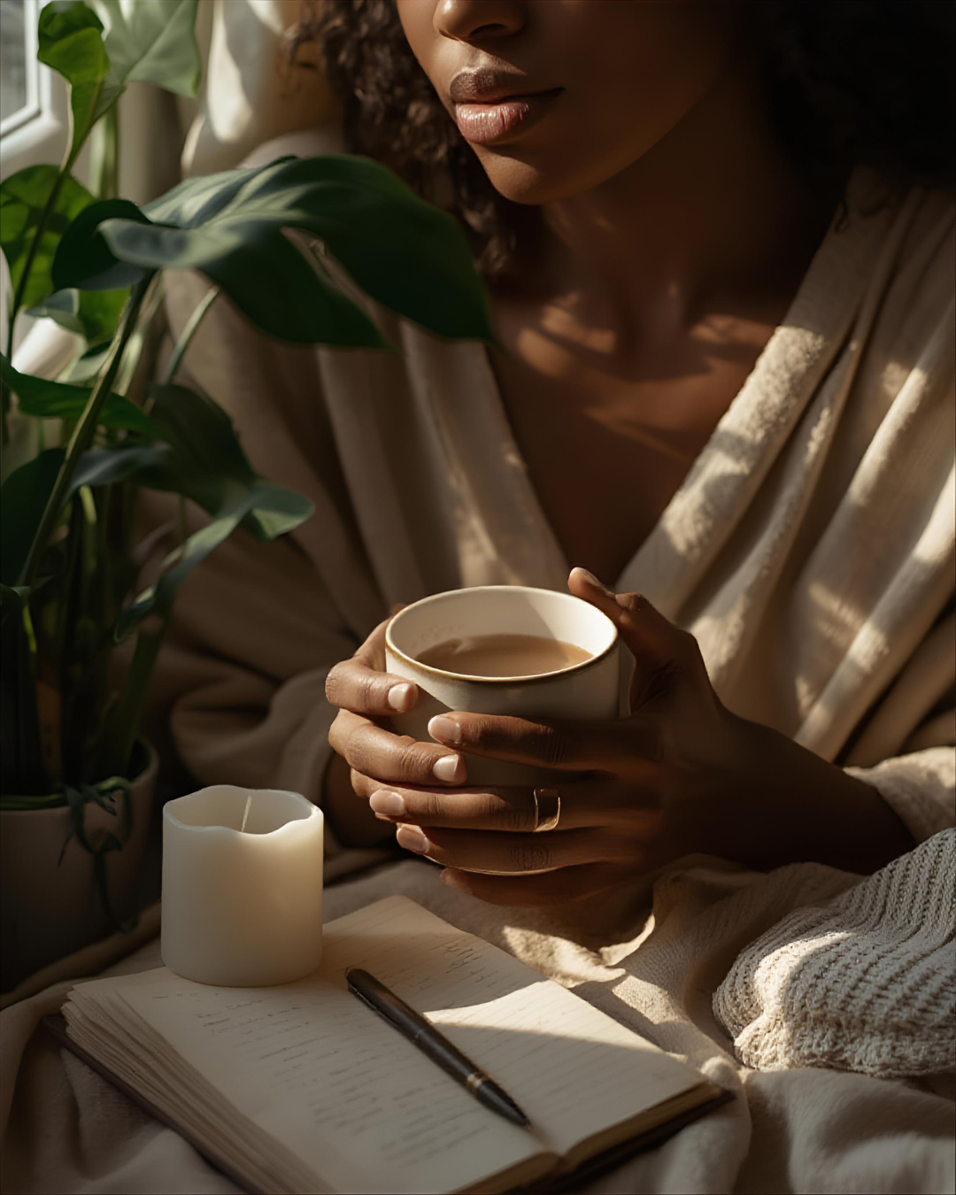 A woman holding a cup of coffee or tea, sitting near a window with sunlight, surrounded by a potted plant, with an open notebook and a pen, and a white candle nearby.