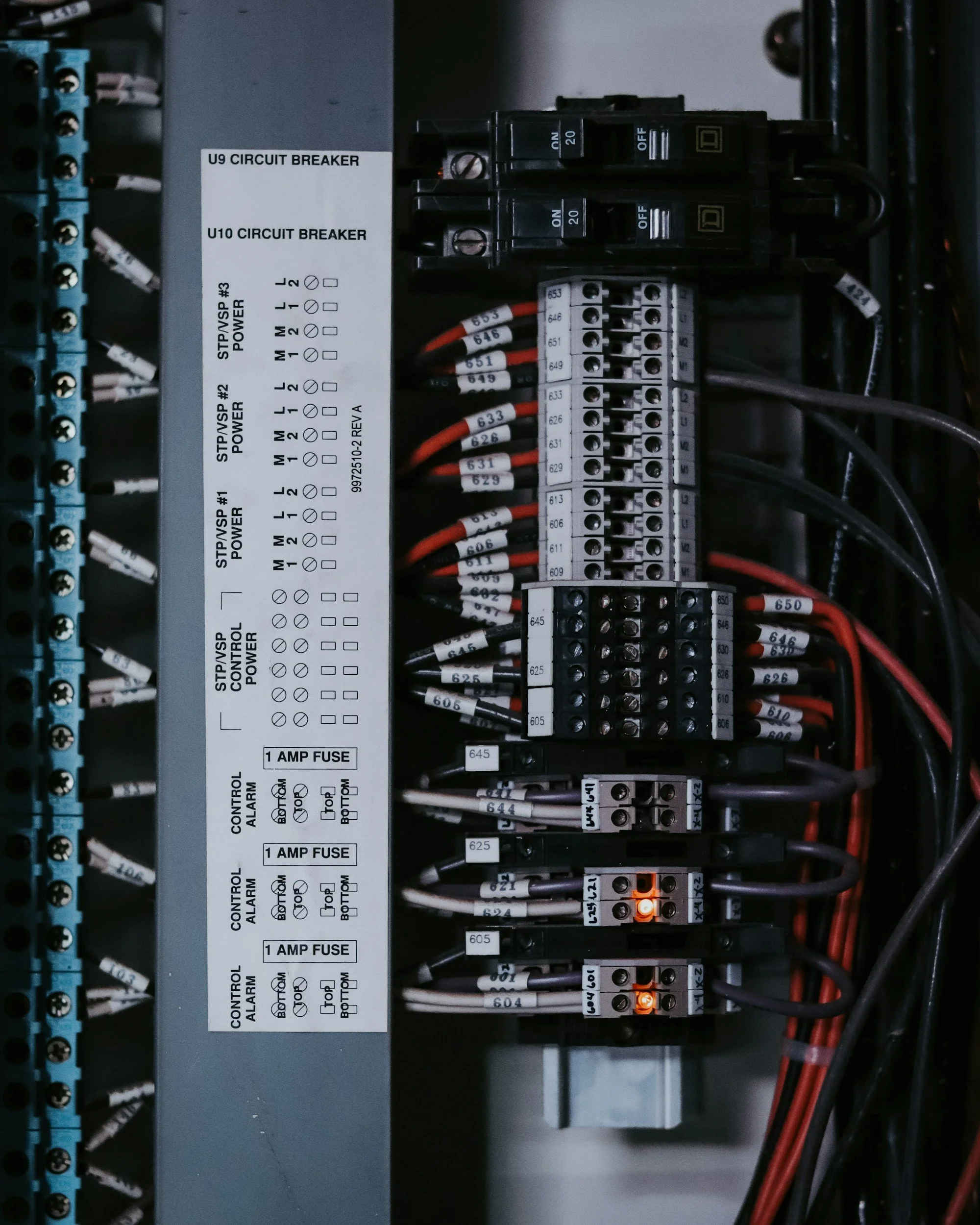 Electrical control panel with circuit breakers, wires, and fuses.