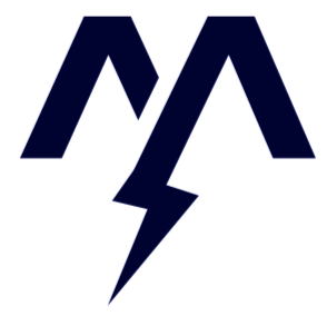 A dark blue and black lightning bolt symbol with stylized 'M' shapes above it.