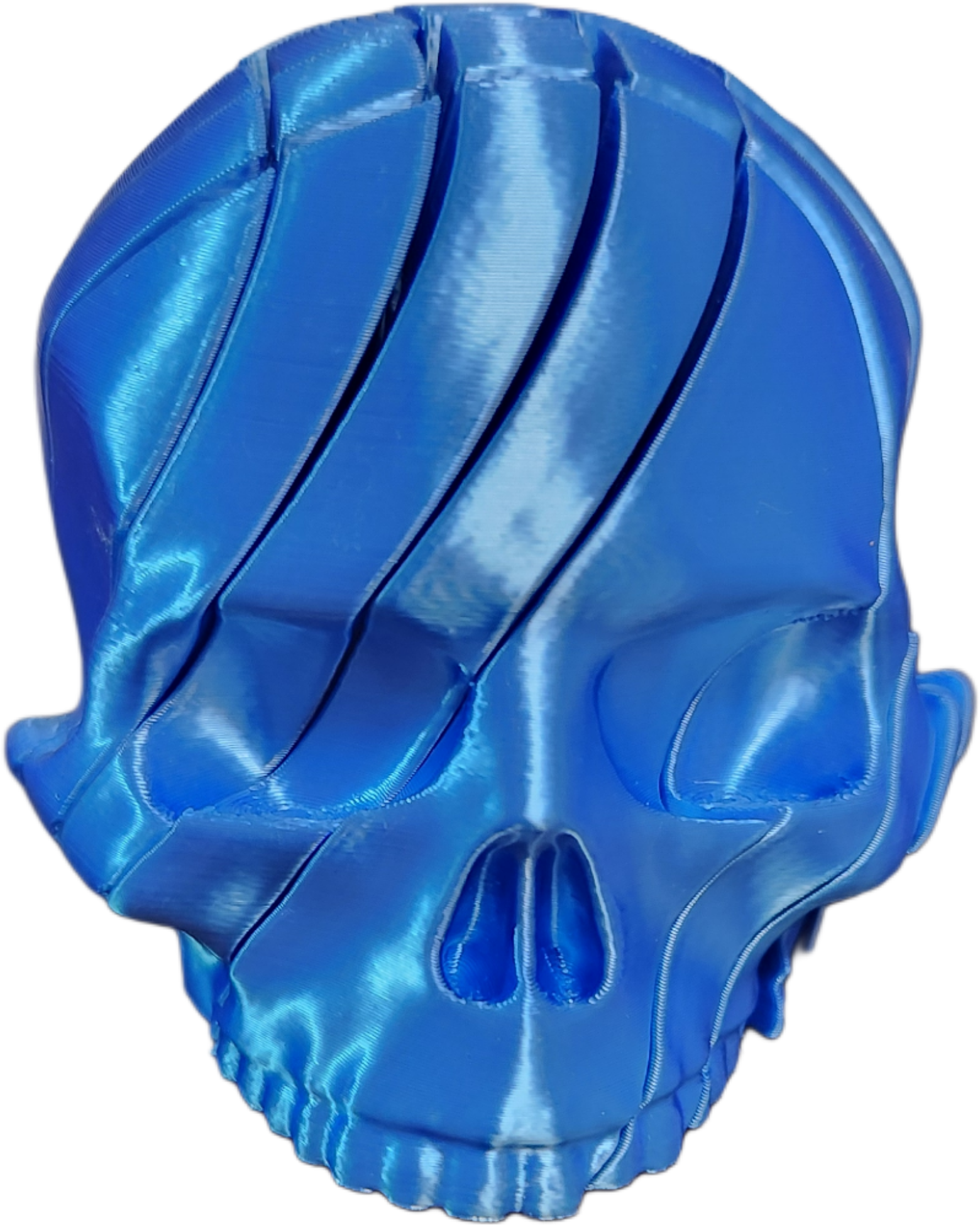 A blue metallic foil balloon with vertical black lines, partially inflated, isolated on a black background.