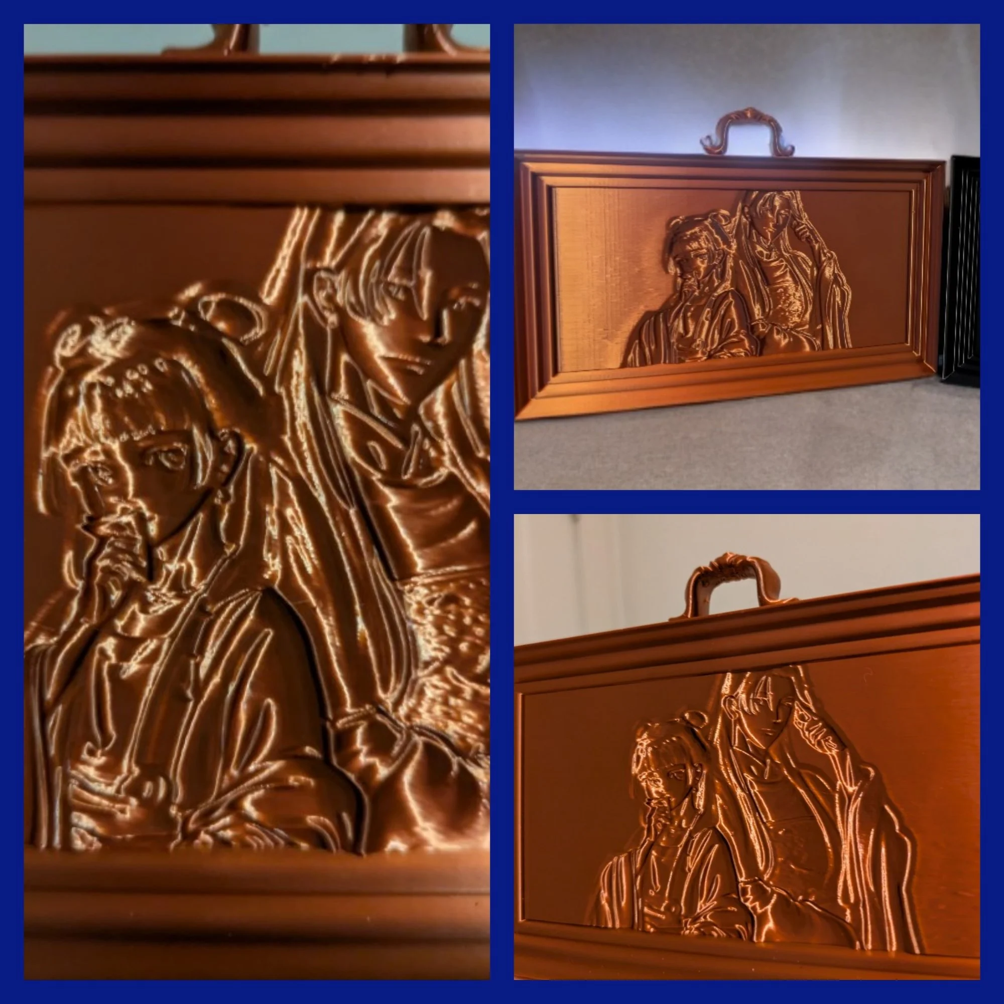 Close-up of a 3D printed plaque with carved reliefs of two anime characters.