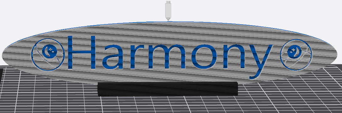 3D rendering of a metallic sign with the word "Harmony" in blue font, featuring stylized musical notes inside circles on each side, placed on a grid surface.