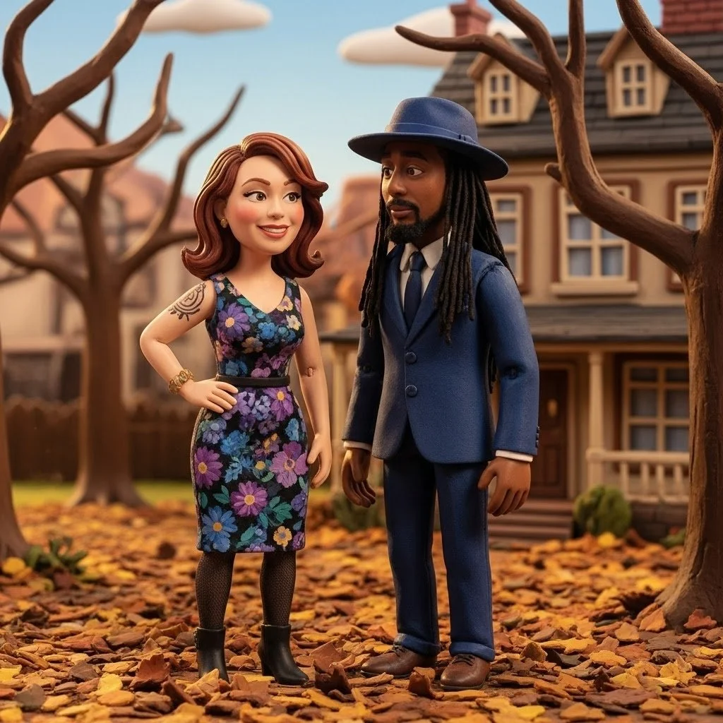 Two animated characters, a woman with auburn hair in a floral dress and a man with dreadlocks in a suit and hat, standing outdoors among leafless trees with fallen leaves on the ground and an old house in the background.