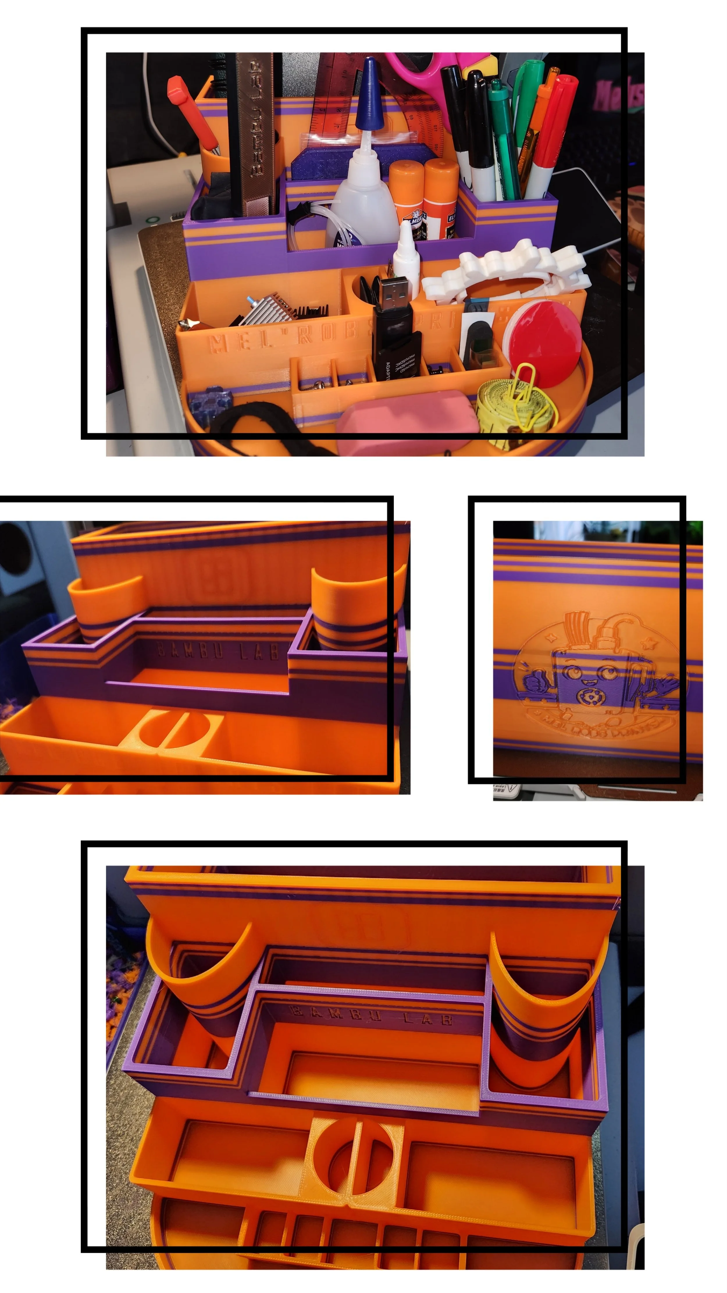 A colorful desk organizer containing office supplies including markers, scissors, glue, and paper clips, with a three-tiered orange and purple storage unit and a close-up of the logo on the front.