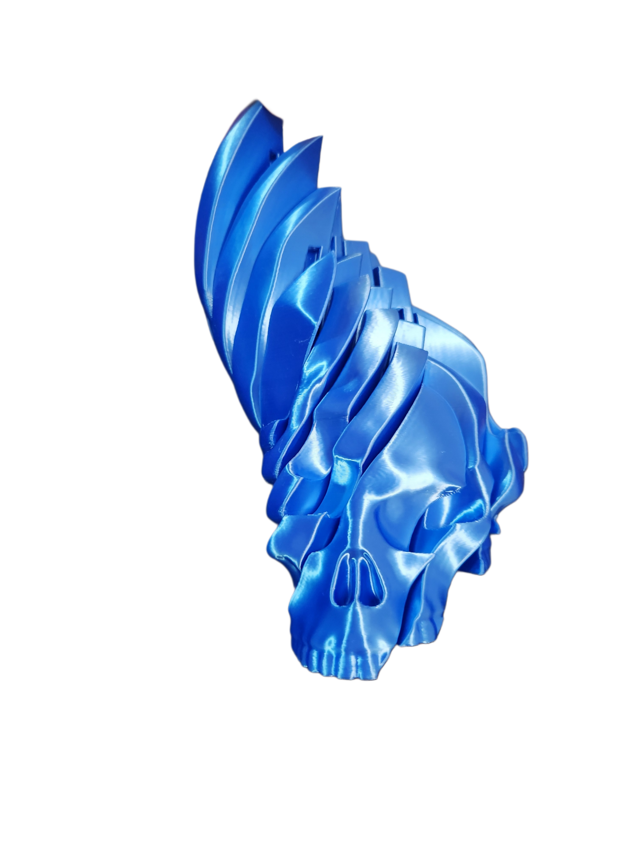 A blue shower cap with a skull design.