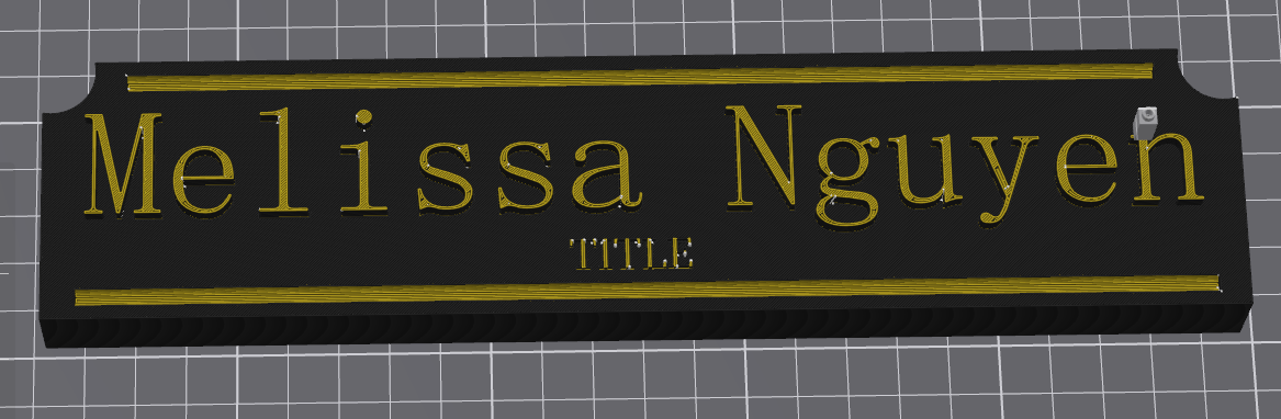 Black nameplate with gold text reading "Melissa Nguyen" and a smaller gold word "TITLE" below it, with decorative gold lines above and below.