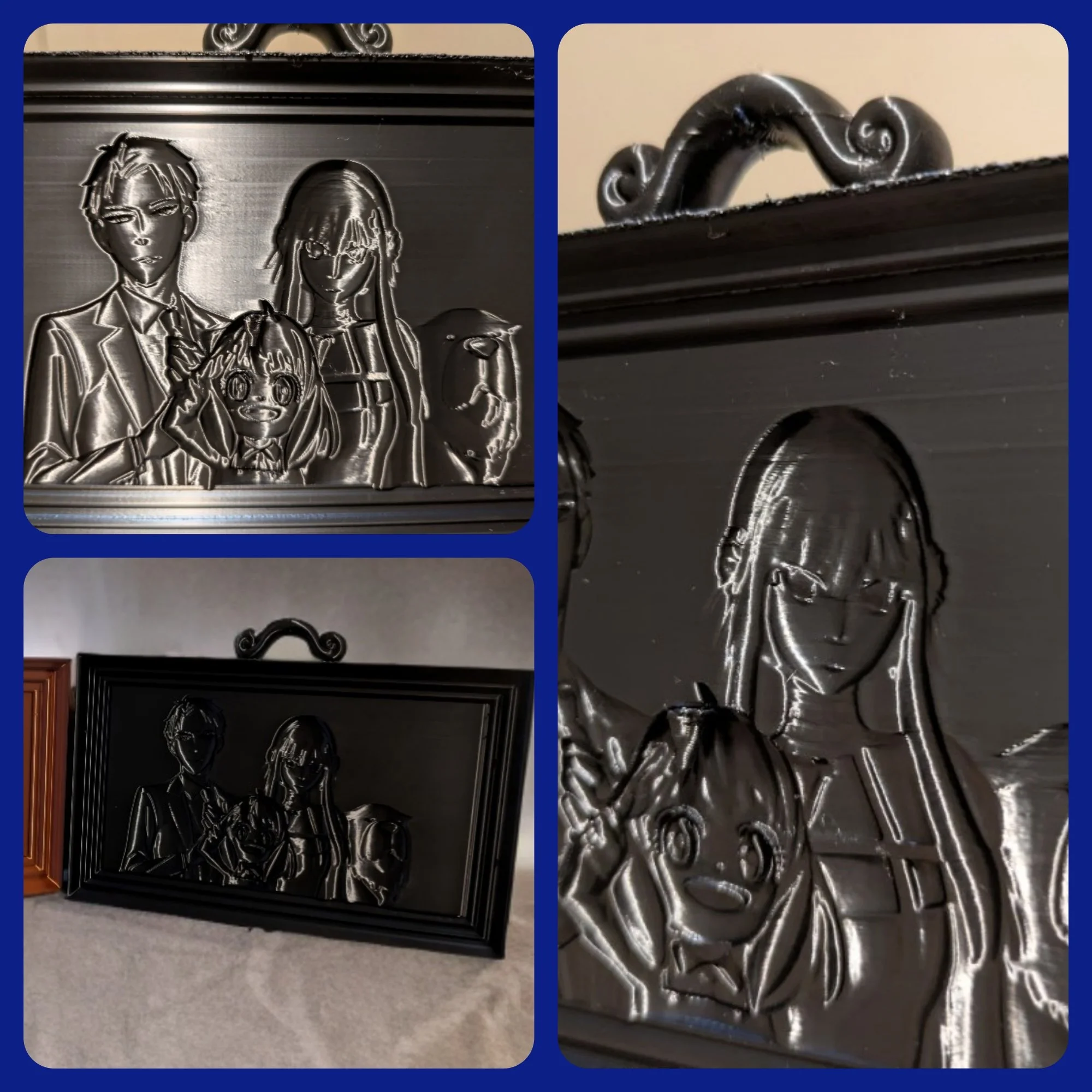 A split view of black embossed collectible plates featuring popular characters. The left side shows a plate with male and female characters, along with a dog, framed in an ornate design. The right side displays a close-up of part of the plate's textu