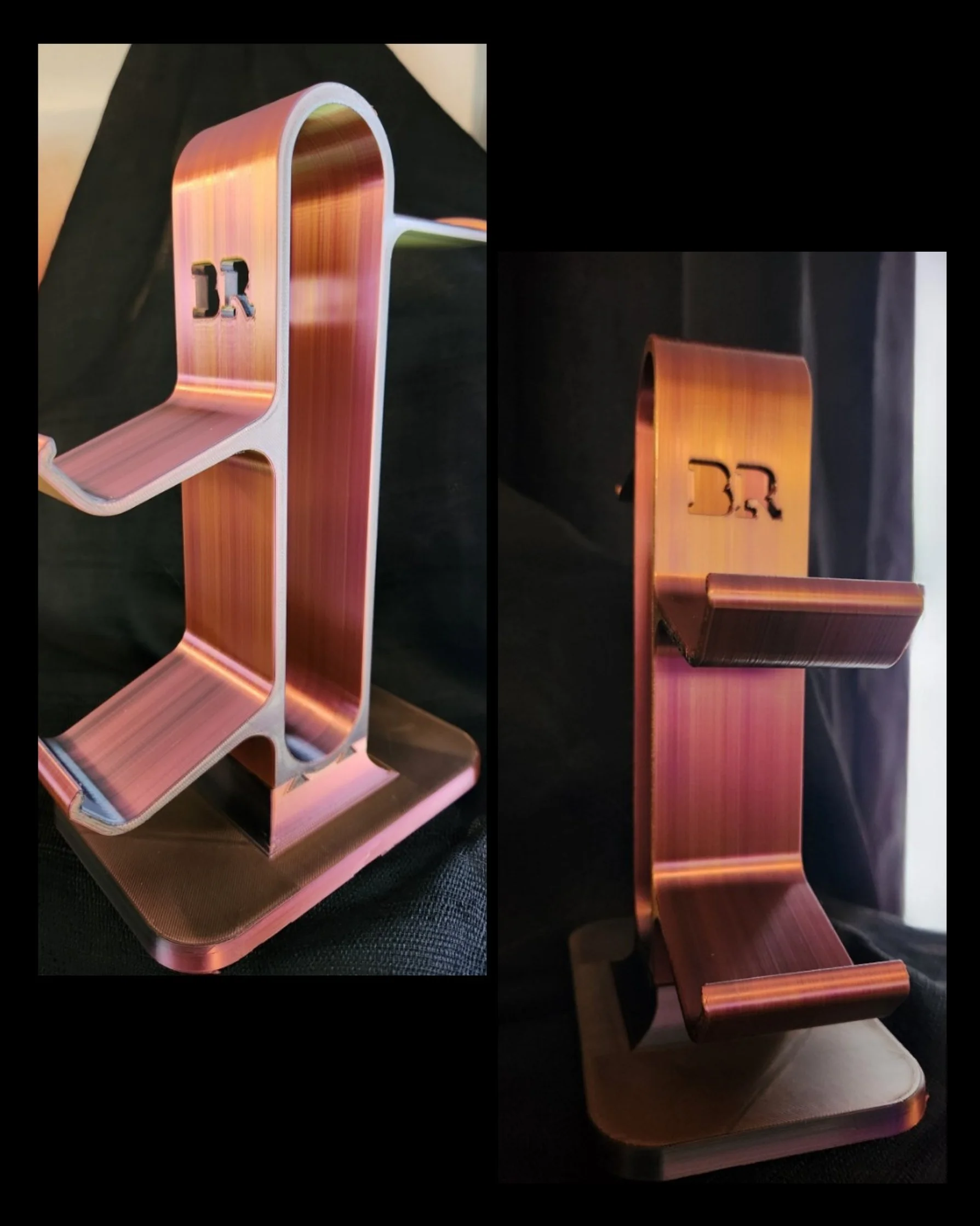 Copper-colored metal watch stand with the brand 'R' engraved on it, shown from different angles