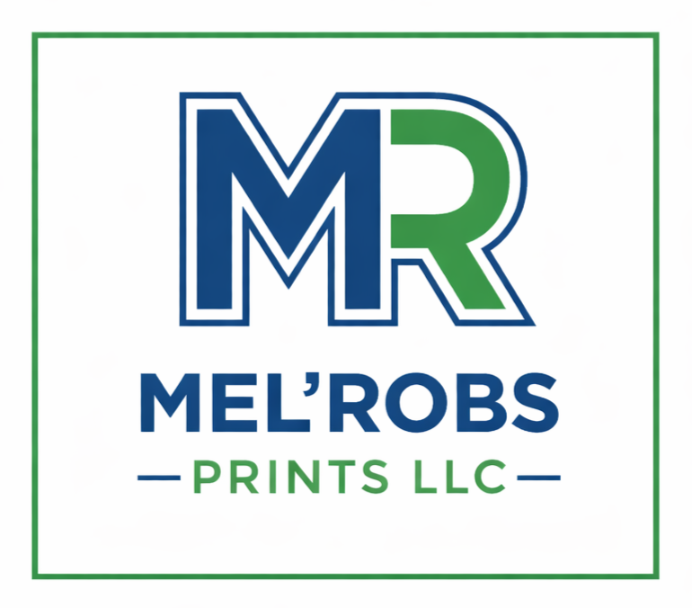Logo for Mel'Rob's Prints LLC featuring a large stylized 'MR' in blue and green, with the company name below in blue and green text.