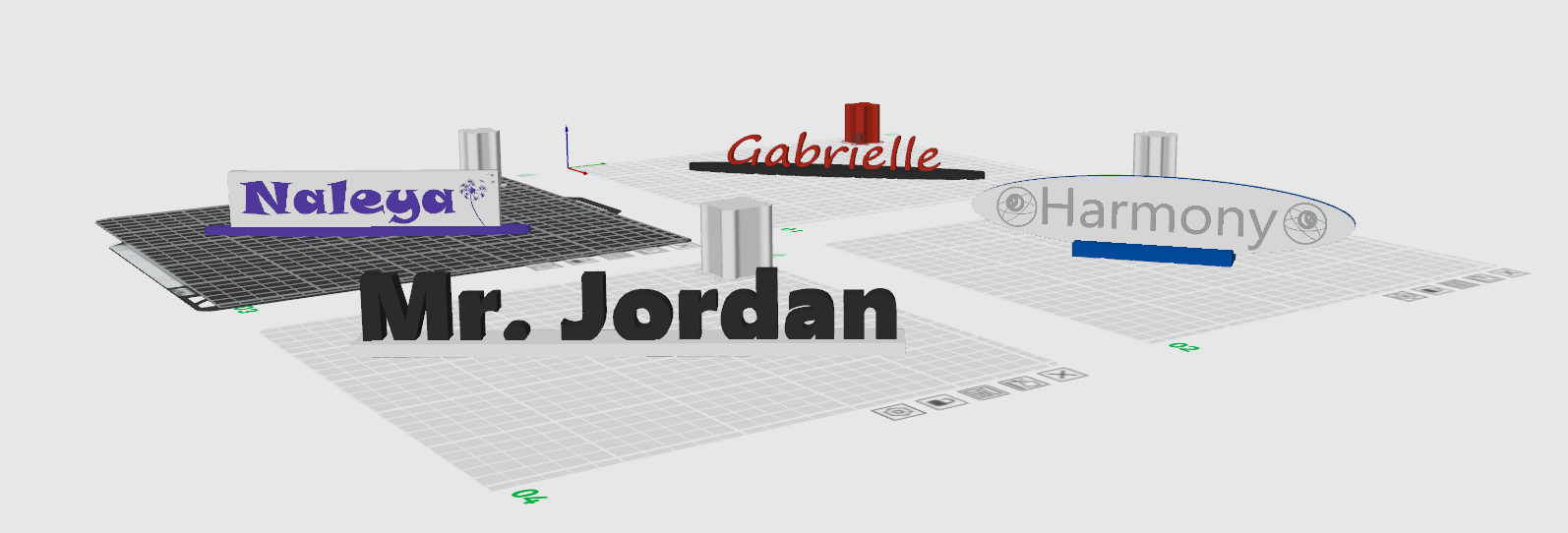 3D display of name tags for Naleya, Gabrielle, Mr. Jordan, and Harmony, with each name on a different platform or foundation.