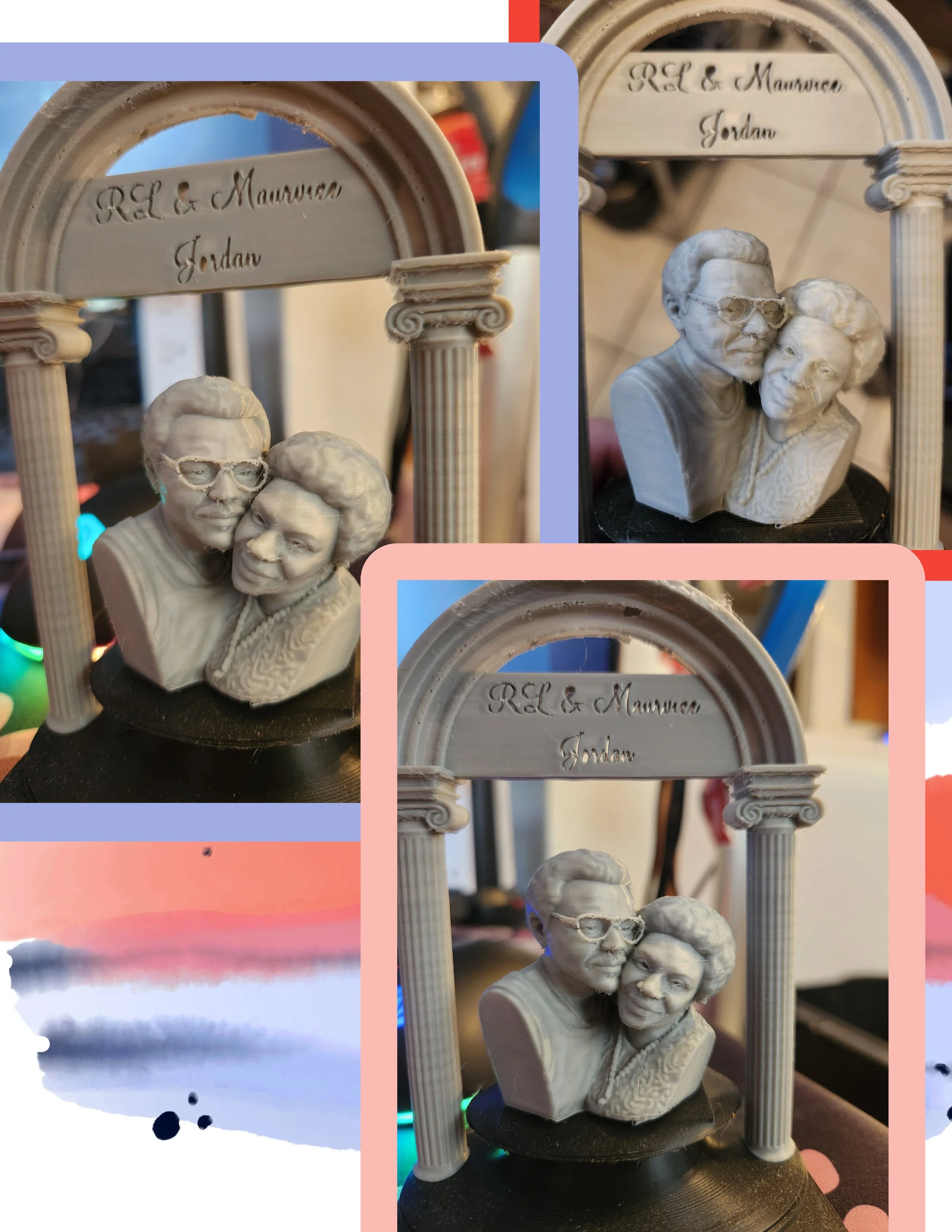 Gray figurine of an elderly couple, wearing glasses, standing close together under a small decorative arch with the inscription supported by two columns.