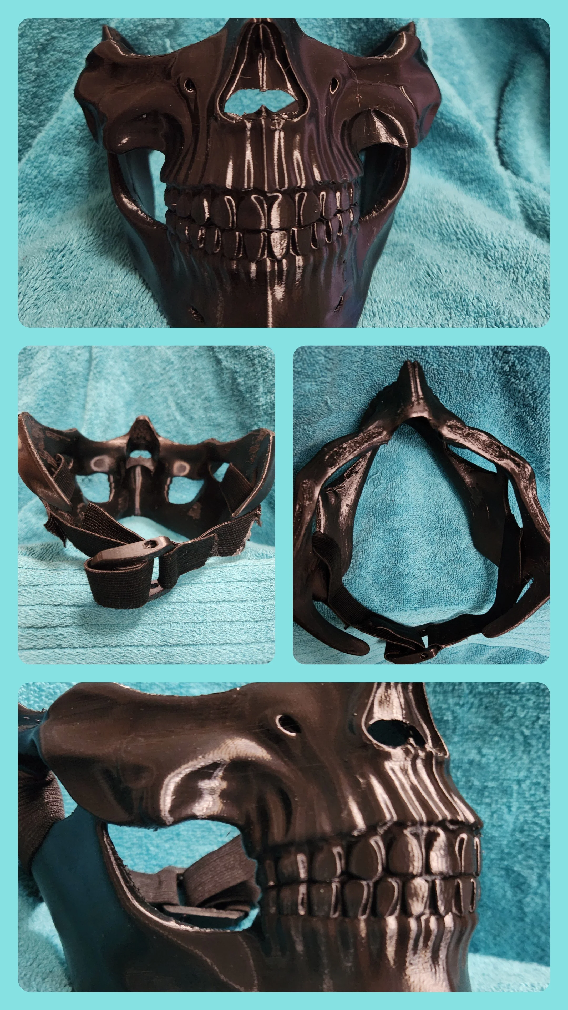 Black skull-shaped mask with detailed teeth and facial features, placed on a teal background, shown from front and side angles.
