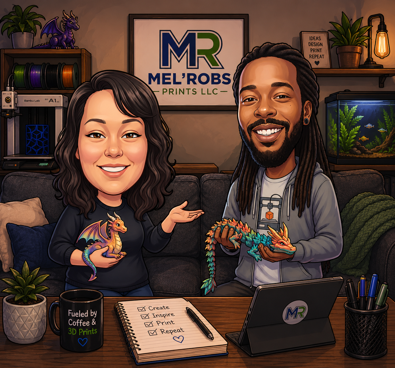 A cartoon-style illustration of a man and a woman in an office, holding colorful 3D-printed dragons. The woman has dark, curly hair and is wearing a black shirt with a dragon design, holding a small purple and orange dragon. They are smiling and gesturing towards each other. The man has dreadlocks, a beard, and is wearing a gray hoodie, holding a large multicolored dragon. The background features a sign that reads 'MR MEL'ROBS Prints LLC', an aquarium, plants, and various office supplies, including a notebook with a checklist, a laptop with a sticker that reads 'MR', and a mug with the text 'Fueled by Coffee & 3D Prints'.