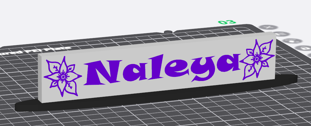 A nameplate with the name 'Naleva' in purple text and floral designs on both sides, mounted on a black base.