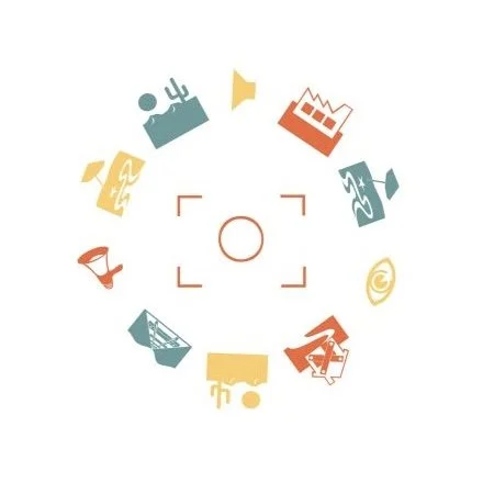Illustration of a camera viewfinder with various icons representing different industries arranged in a circle, including a factory, a paintbrush and palette, a shopping cart, a construction cone, and other industry-related symbols.